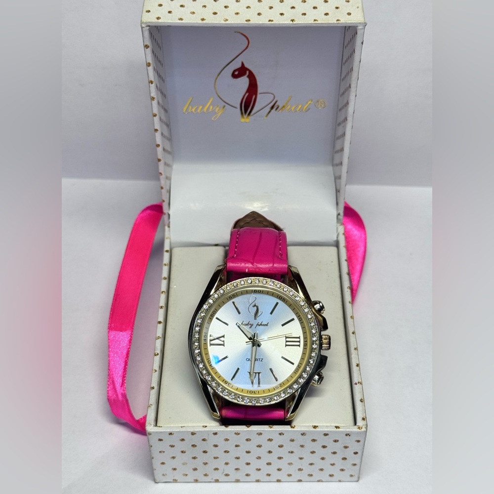 Baby Phat Women's Quartz Watch with Crystal Encrusted Bezel, Pink Leather Band